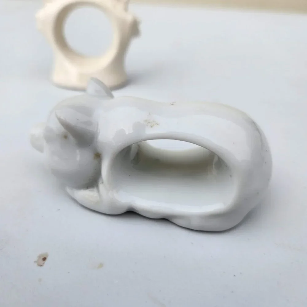 Set of 2 Vintage Napkin Rings Holders Ceramic Angel Pig White Bundle